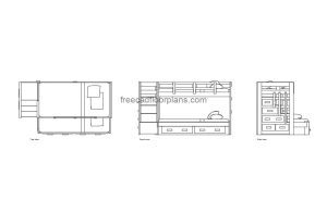 twin over full bunk bed autocad drawing, plan and elevation 2d views, dwg file free for download
