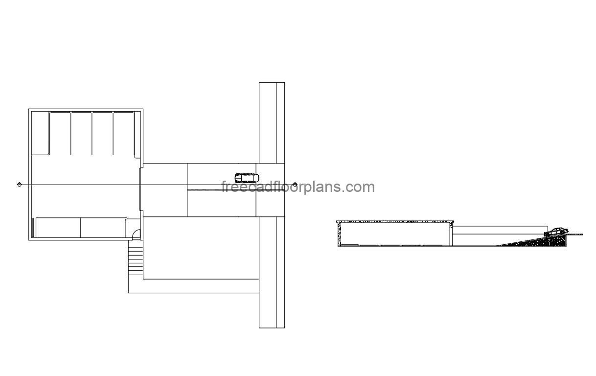 underground parking with ramp autocad drawing, plan and elevation 2d views, dwg file free for download