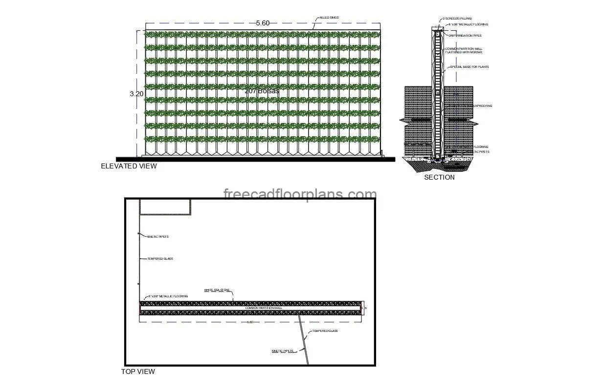 vertical green wall detail autocad drawing, plan and elevation 2d views dwg file free for download