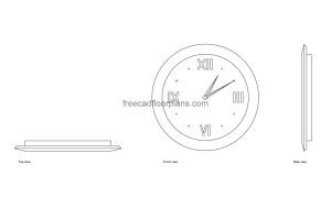 wall roman clock autocad drawing, plan and elevation 2d views, dwg file free for download