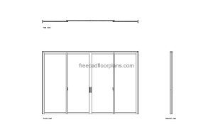 4 panel glass sliding door autocad drawing, plan and elevation 2d views, dwg file free for download