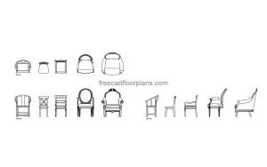 5 antique armchairs, autocad drawing, plan and elevation 2d views, dwg file free for download