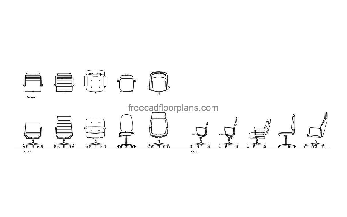 office swivel chairs autocad drawing, plan and elevation 2d views, dwg file free for download