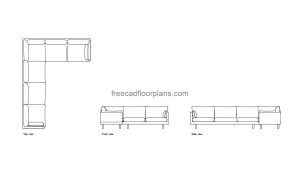 5-seater sofa autocad drawing, plan and elevation 2d views, dwg file free for download