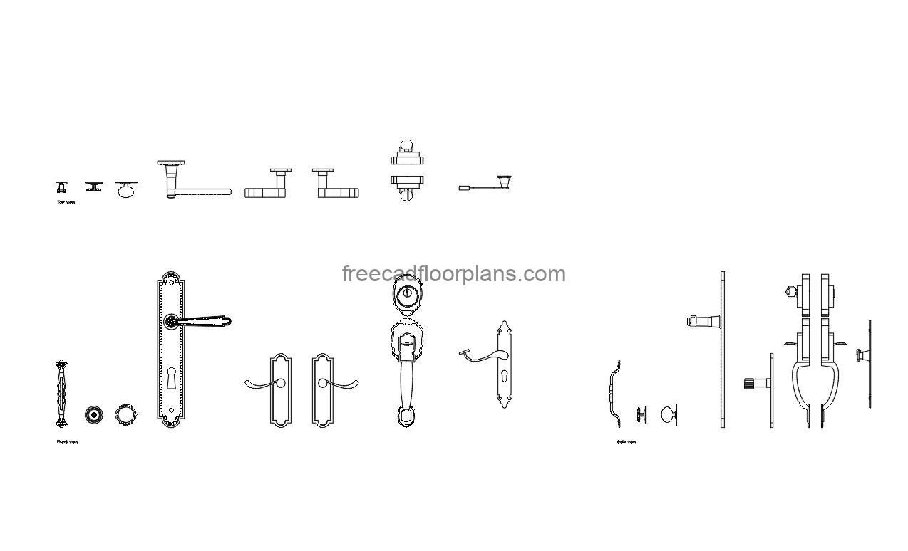 7 antique door handles autocad drawing, plan and elevation 2d views, dwg file free for download