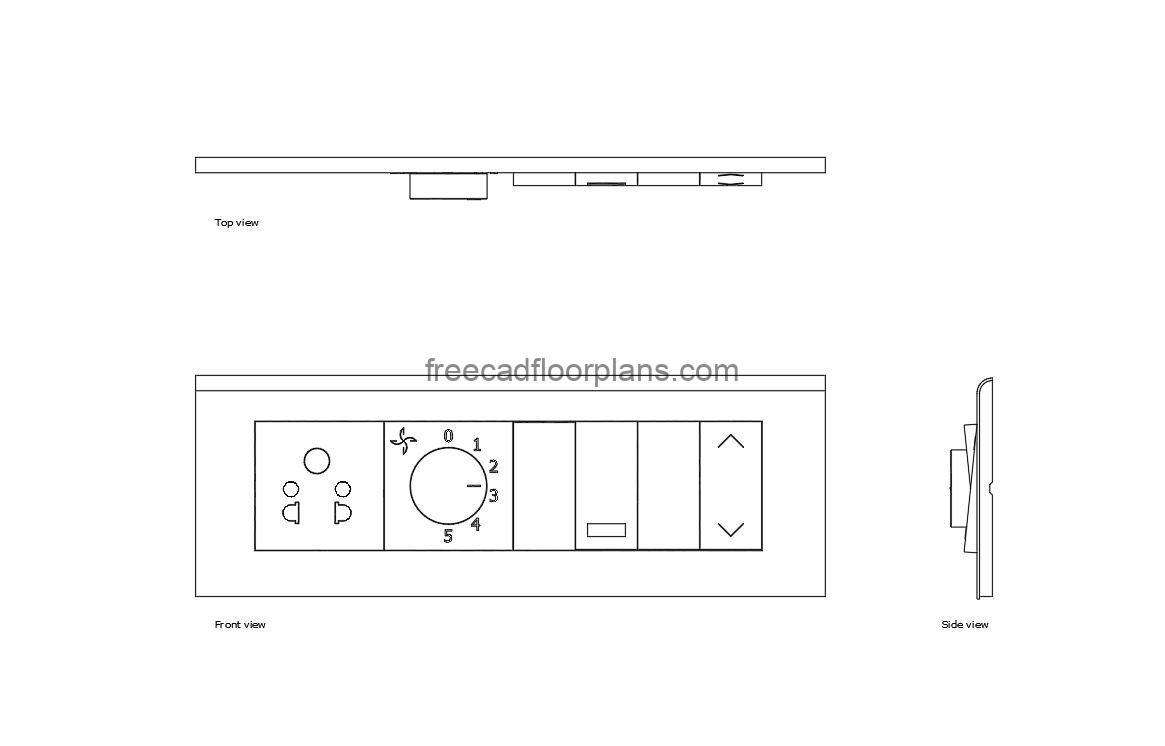 8 module switch board autocad drawing, plan and elevation 2d views, dwg file free for download