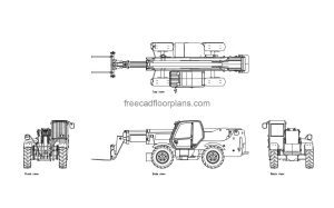 JCB telehandler autocad drawing, plan and elevation 2d views, dwg file free for download