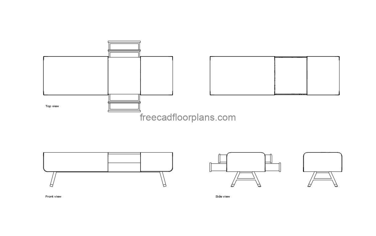 Les Necessaires d'Hermes long bench autocad drawing, plan and elevation 2d views, dwg file free for download