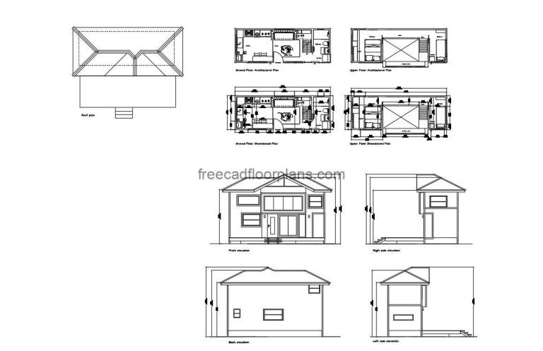 Tiny House Cabin-Two-Story with Two-Bedroom plans dwg and pdf plan with elevations, file for download