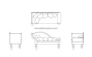 antique chaise lounge sofa autocad drawing, plan and elevation 2d views, dwg file free for download