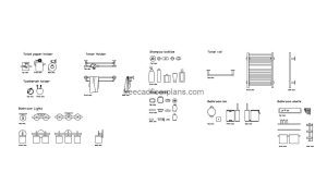 bathroom accessories collection autocad drawing, plan and elevation 2d views, dwg file free for download