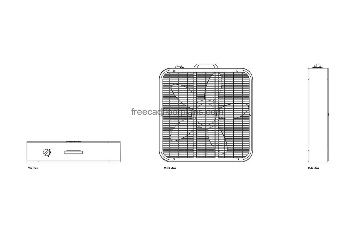 box fan autocad drawing, plan and elevation 2d views, dwg file free for download