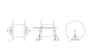cable drum autocad drawing, plan and elevation 2d views, dwg file free for download