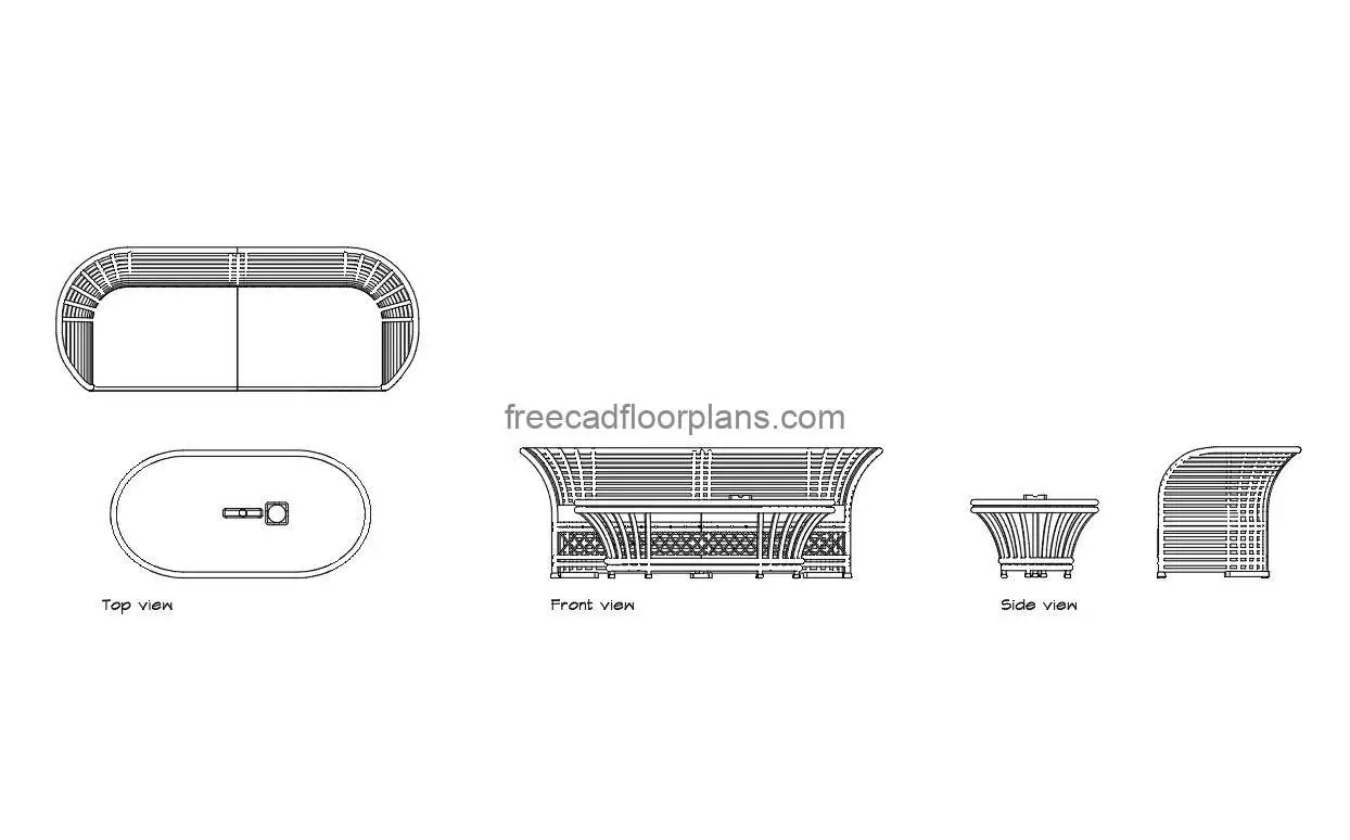 cane sofa and table autocad drawing, plan and elevation 2d views, dwg file free for download