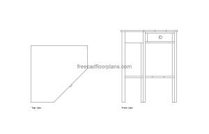 corner table autocad drawing, plan and elevation 2d views, dwg file free for download