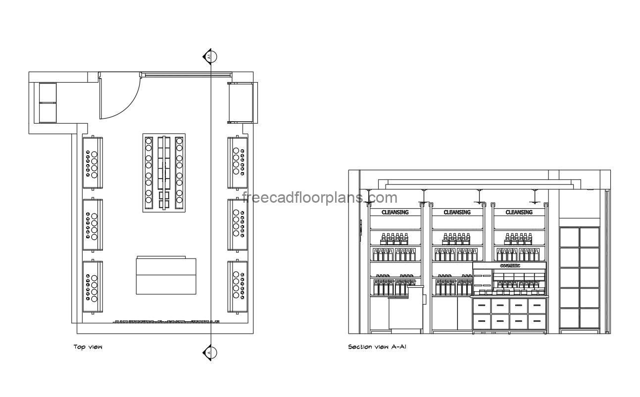 cosmetic shop autocad drawing, plan and elevation 2d views, dwg file free for download