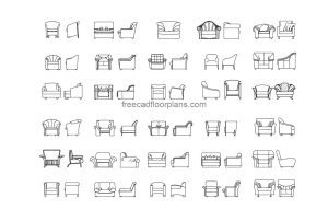 couches front and side elevation views autocad drawing, 2d views for free download