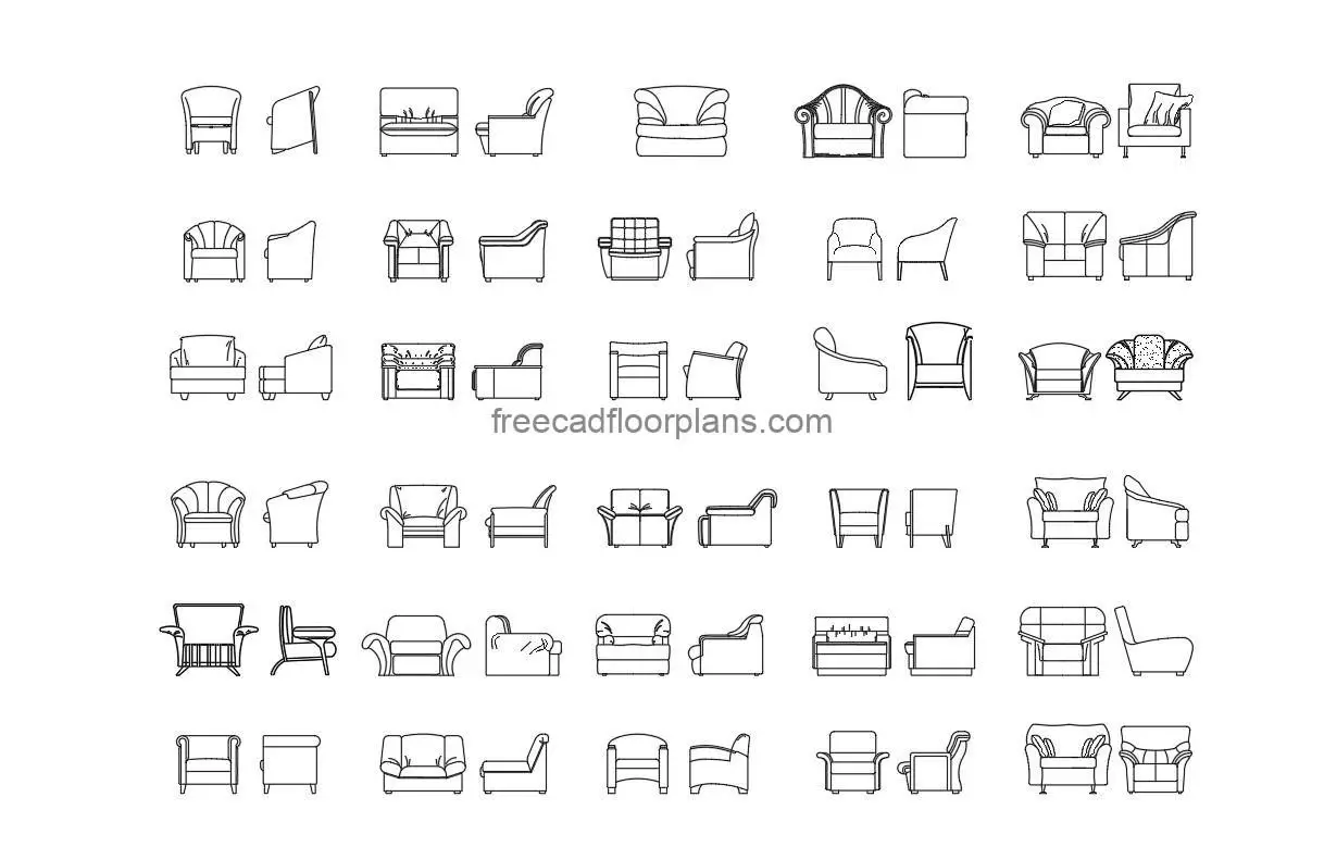 couches front and side elevation views autocad drawing, 2d views for free download