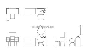 dressing chairs with table autocad drawing, plan and elevation 2d views, dwg file free for download