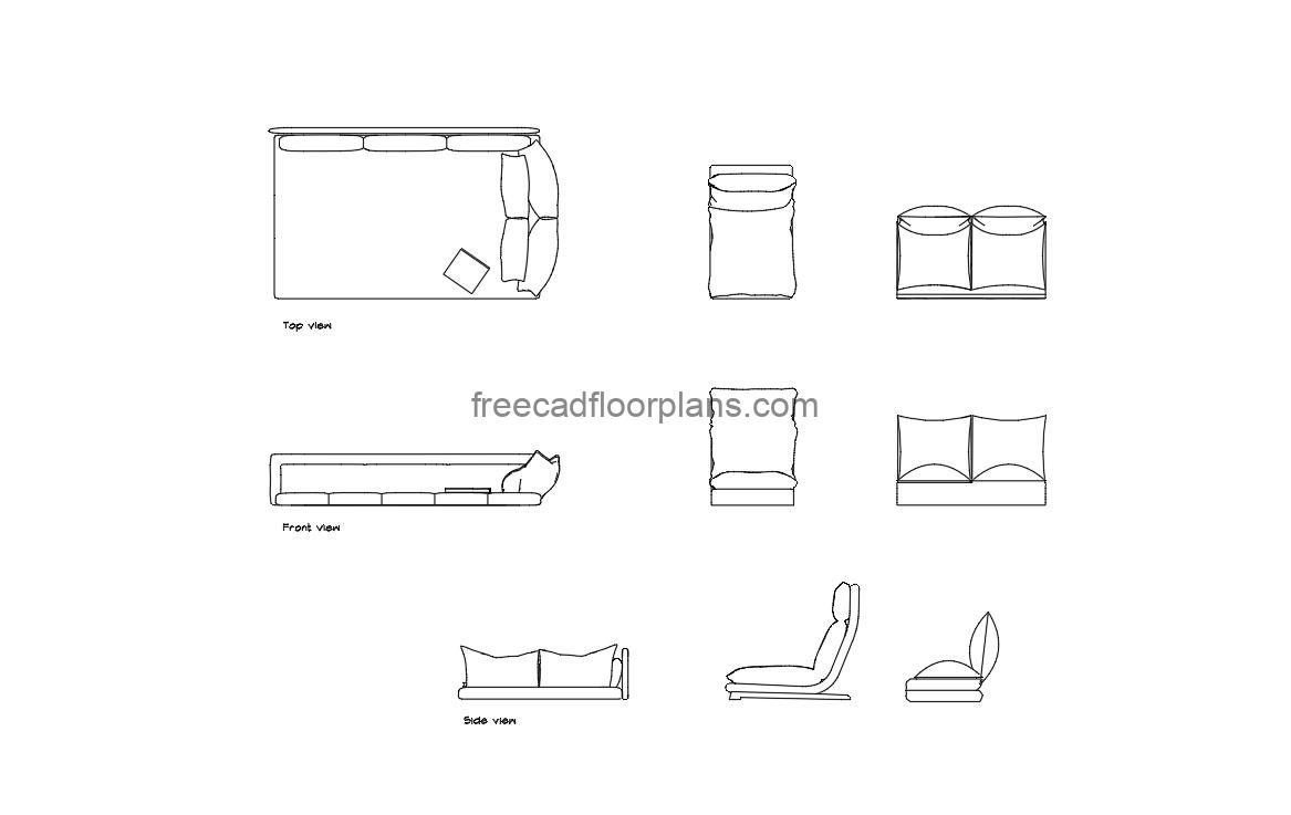 floor seating autocad drawing, plan and elevation 2d views, dwg file free for download