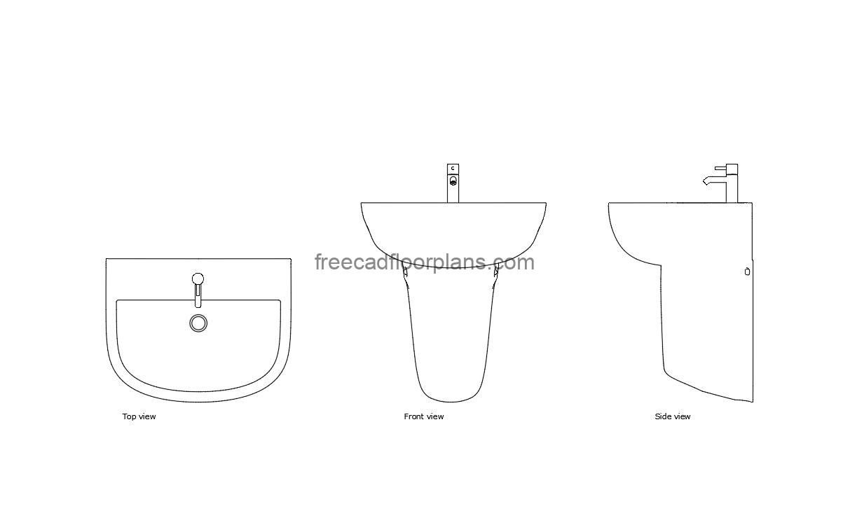 half pedestal wash basin autocad drawing, plan and elevation 2d views, dwg file free for download