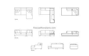 lounge sofas autocad drawing, plan and elevation 2d views, dwg file free for download