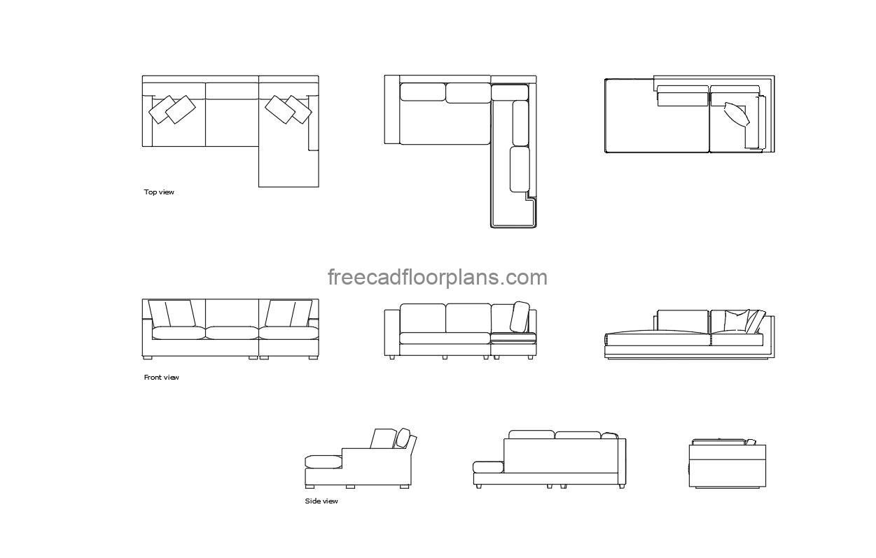 lounge sofas autocad drawing, plan and elevation 2d views, dwg file free for download