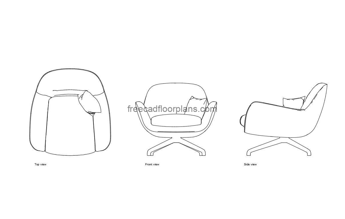 minotti jensen armchair autocad drawing, plan and elevation 2d views, dwg file free for download