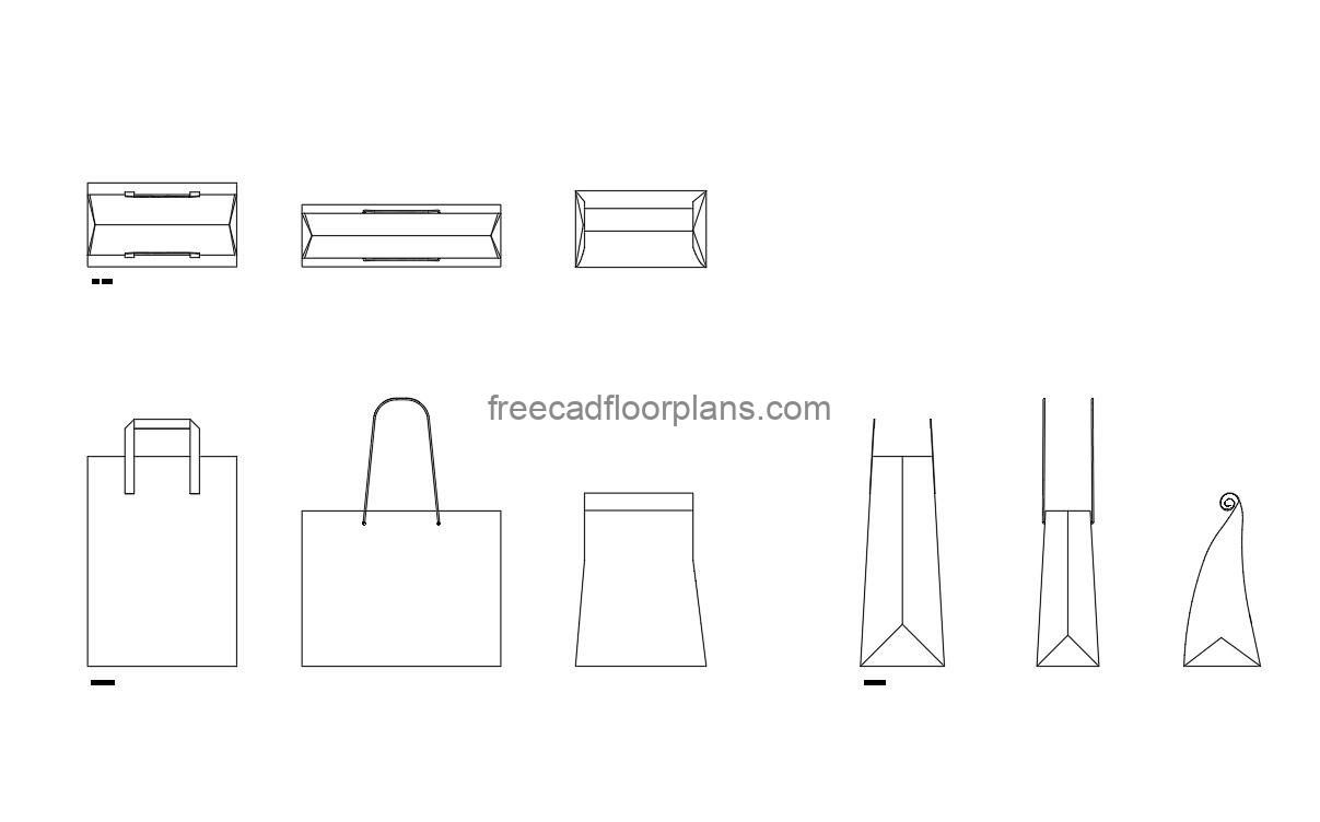 paper shopping bag autocad drawing, plan and elevation 2d views, dwg file free for download