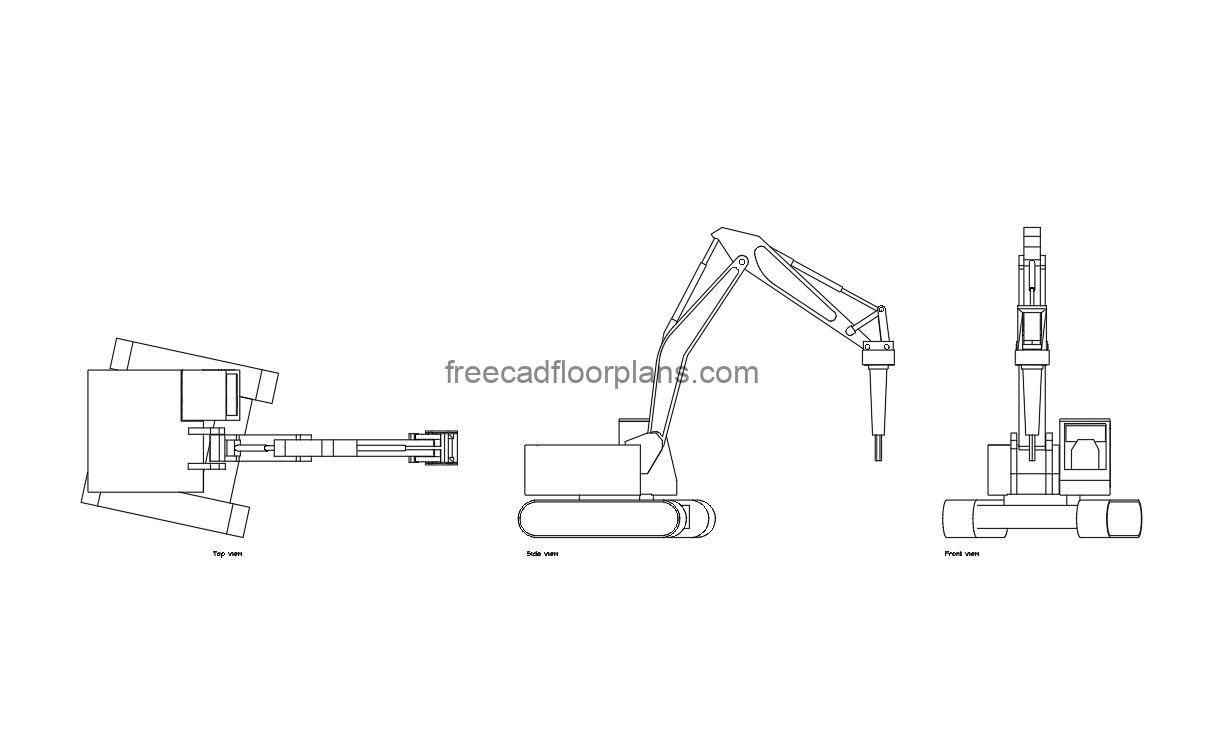 rockbreaker autocad drawing, plan and elevation 2d views, dwg file free for download