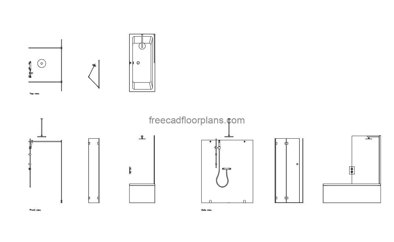 shower screen autocad drawing, plan and elevation 2d views, dwg file free for download