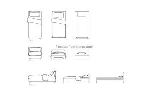 single bed autocad drawing, plan and elevation 2d views, dwg file free for download