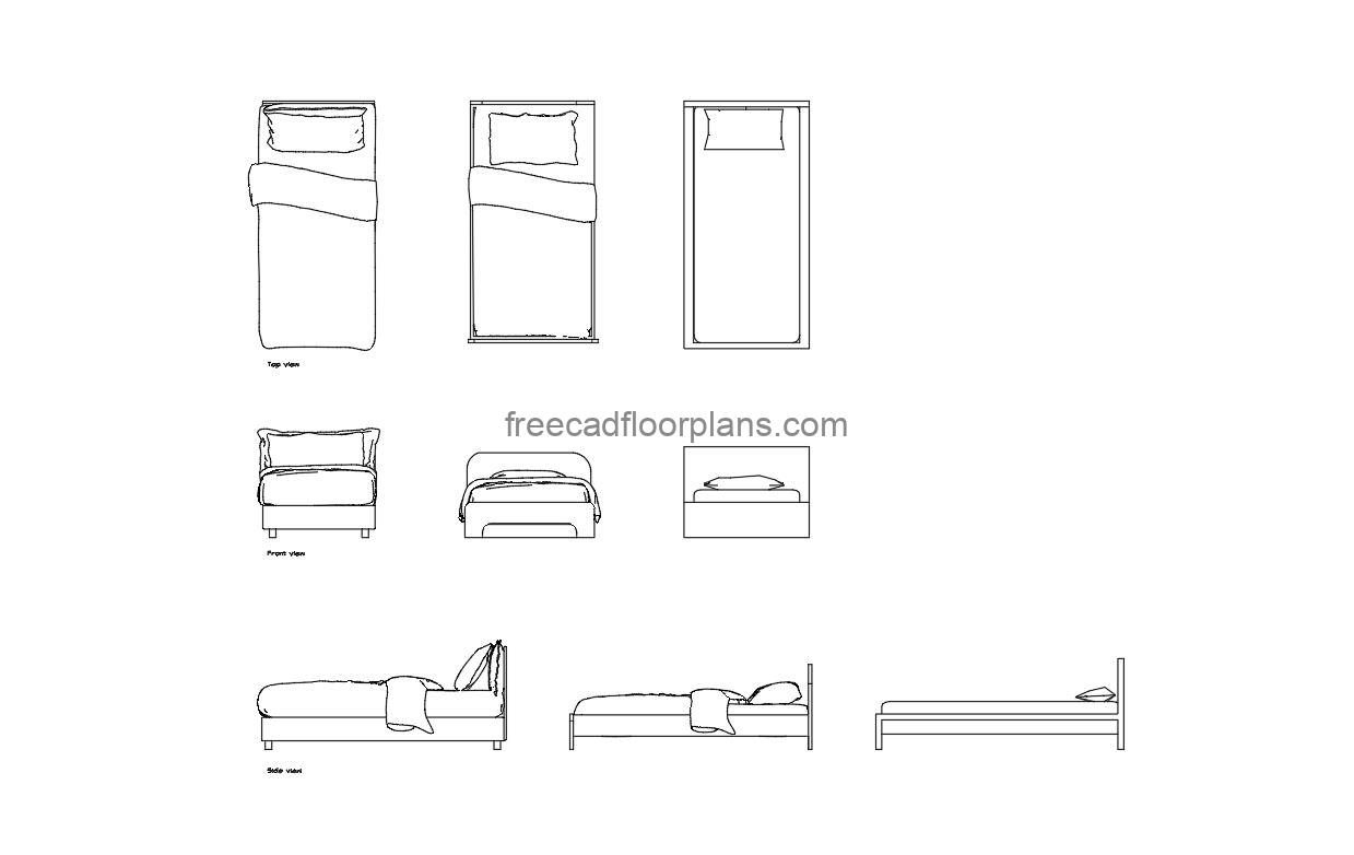 single bed autocad drawing, plan and elevation 2d views, dwg file free for download