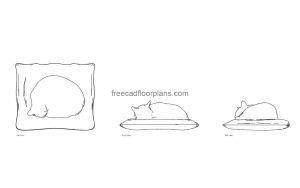 sleeping cat autocad drawing, plan and elevation 2d views, dwg file free for download