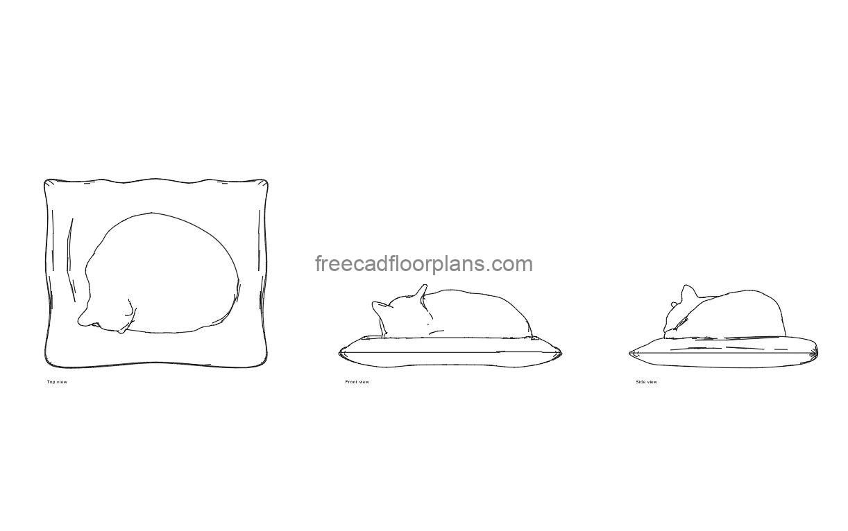 sleeping cat autocad drawing, plan and elevation 2d views, dwg file free for download