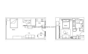 studio apartments autocad drawing, plan and elevation 2d views, dwg file free for download