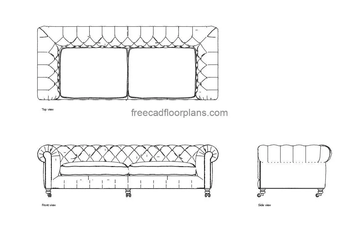 vintage armchair sofa autocad drawing, plan and elevation 2d views, dwg file free for download
