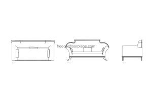vintage sofa autocad drawing, plan and elevation 2d views, dwg file free for download