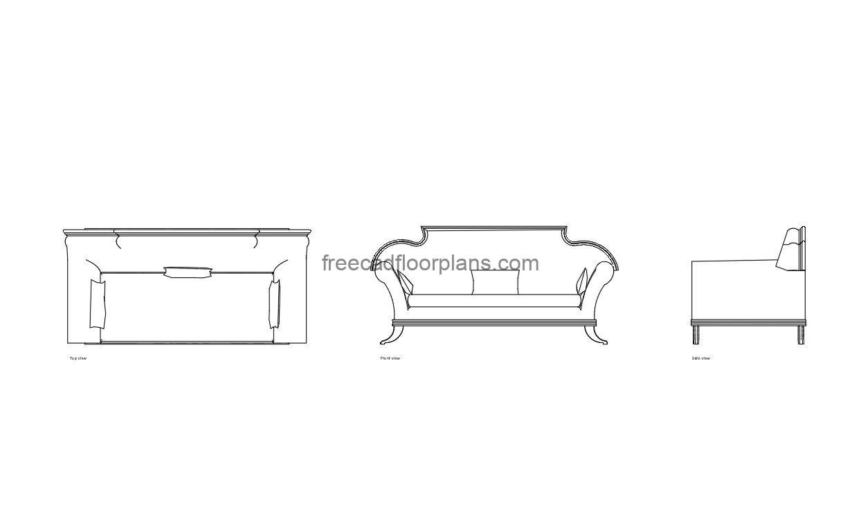 vintage sofa autocad drawing, plan and elevation 2d views, dwg file free for download