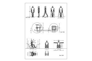 wheelchair details autocad drawing, plan and elevation 2d views, dwg file free for download