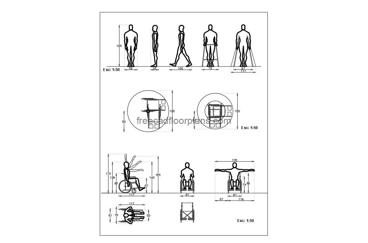 wheelchair details autocad drawing, plan and elevation 2d views, dwg file free for download