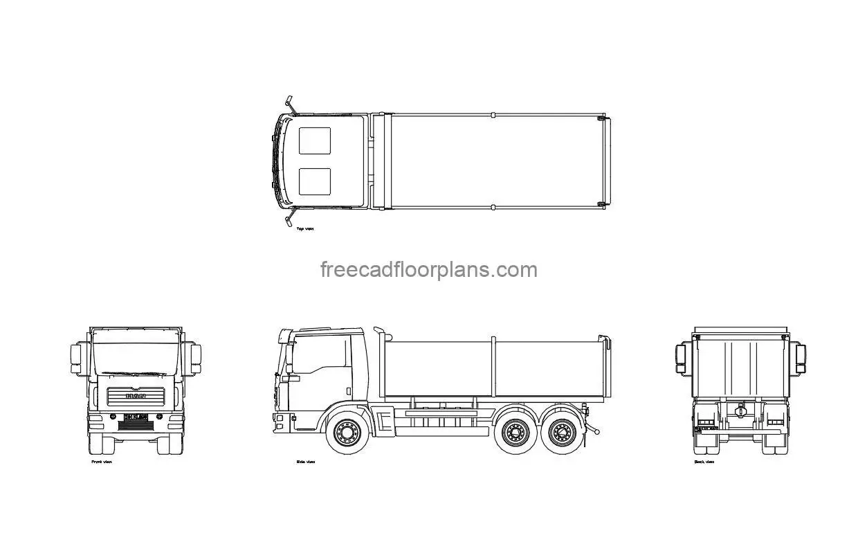 6 wheeler truck autocad drawing, plan and elevation 2d views, dwg file free for download