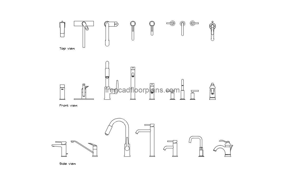7 bathroom faucets autocad drawing, plan and elevation 2d views, dwg file free for download