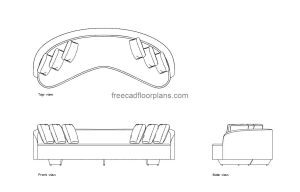 arc sofa autocad drawing, plan and elevation 2d views, dwg file free for download