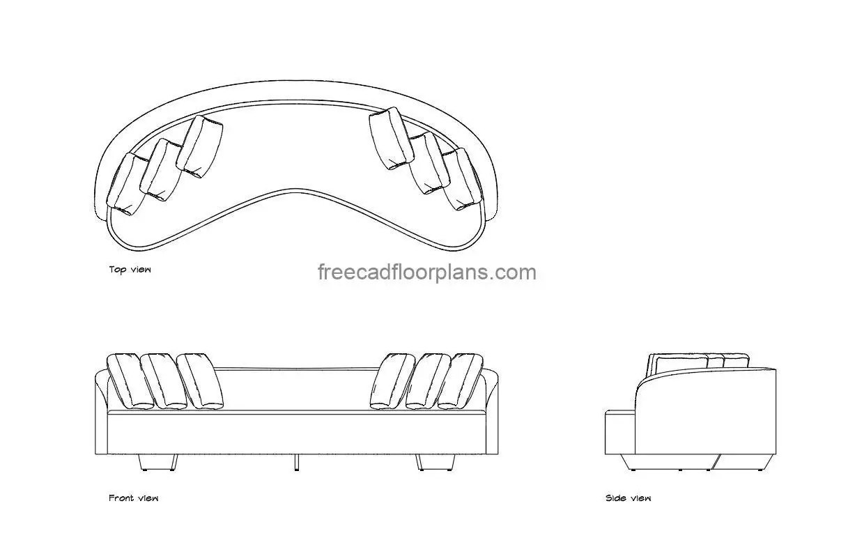 arc sofa autocad drawing, plan and elevation 2d views, dwg file free for download