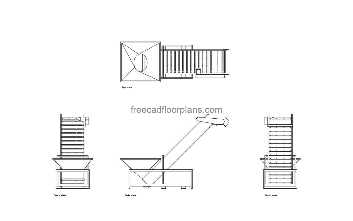 conveyor lifting belt autocad drawing, plan and elevation 2d views, dwg file free for download
