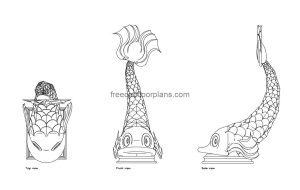 dolphin statue fountain autocad drawing, plan and elevation 2d views, dwg file free for download