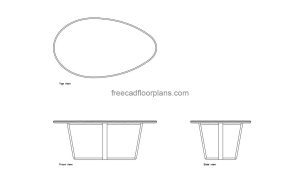 egg shape center table autocad drawing, plan and elevation 2d views, dwg file free for download
