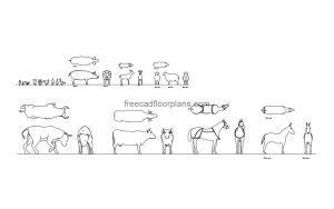 farm animals collection autocad drawing, plan and elevation 2d views, dwg file free for download