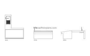 fish market desk autocad drawing, plan and elevation 2d views, dwg file free for download